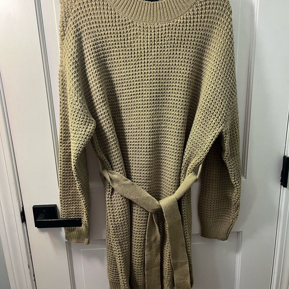 ZESICALong Sleeve Solid Color Waffle Knitted Tie Tunic Pullover Sweater Dress